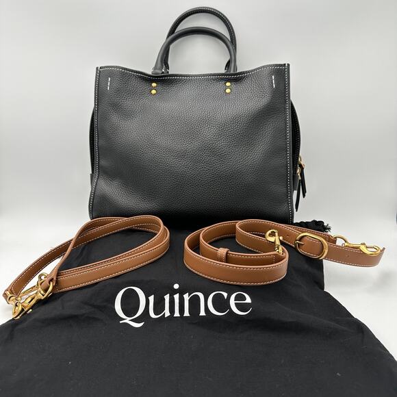 Quince Handbags - NEW Quince Italian Leather Medium Convertible Satchel Bag Black Brown Handles